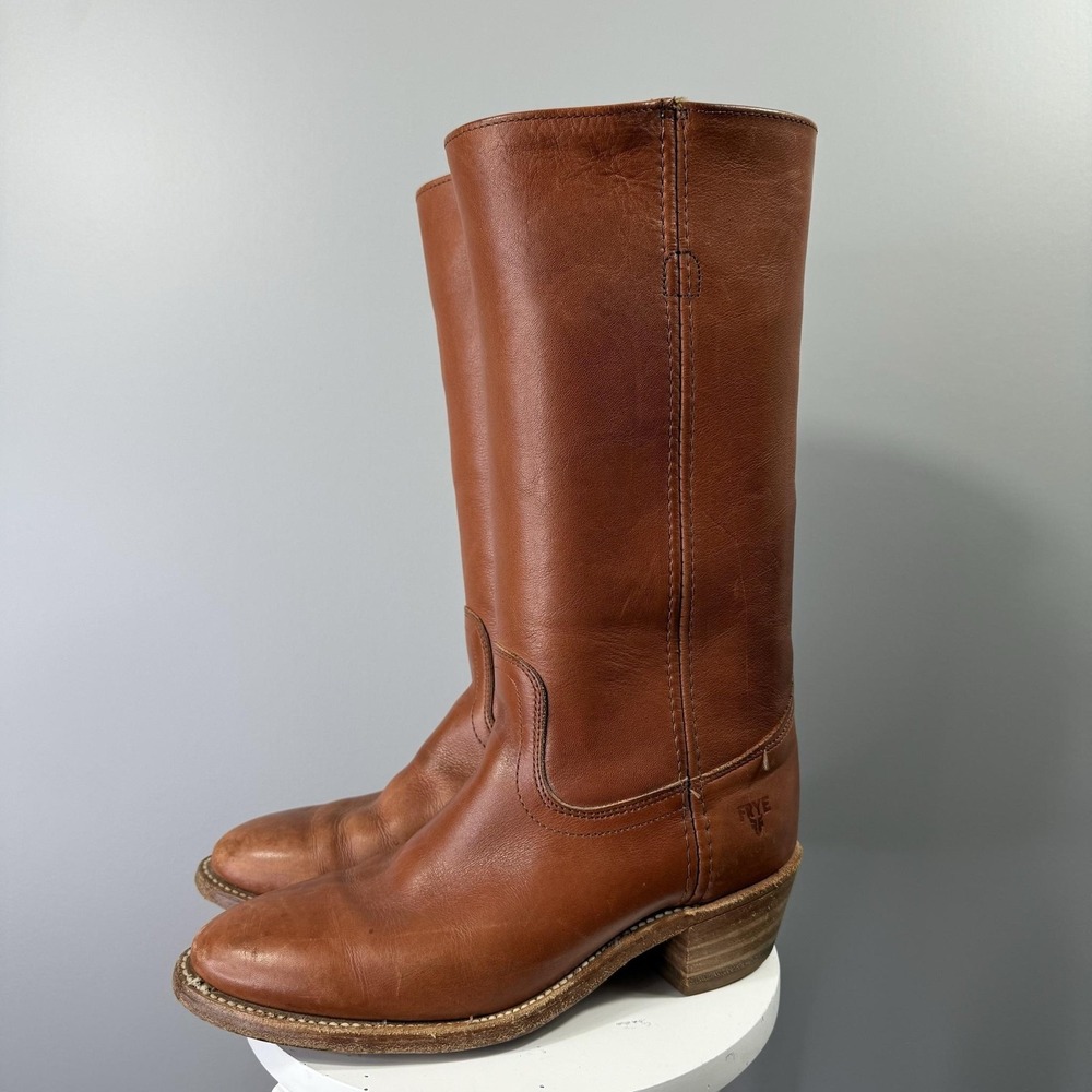 Frye Western Cowboy Boots Mens Size 8 Brown Leather Pull On Mid Calf Riding USA